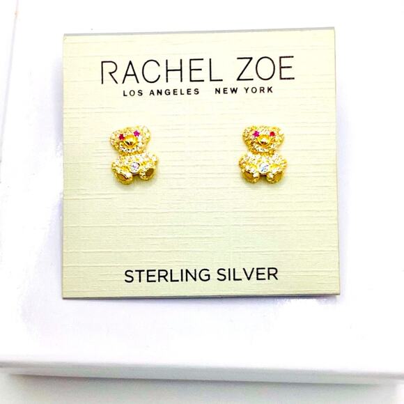 Rachel Zoe Gold and Red Eyed Bear Sterling Silver Earrings with CZ crystals - Picture 1 of 6